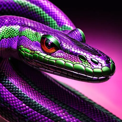 Prompt: a face shot of a twelve-foot snake with black and green markings and red eyes purple aura and a dragon-like face, very glossy and shiny, reflective, perfect composition, hyperrealistic, super detailed, 8k, high quality, trending art, trending on artstation, sharp focus, studio photo, intricate details, highly detailed, Trending on Artstation, Cozy wallpaper, Pastel colors, soft lighting