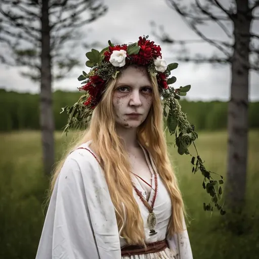 Prompt: A woman with white and bloody gown and with a wreath on her head celebrating a swedish midsommer.


