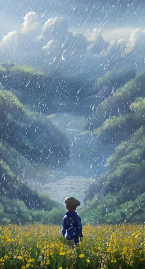 Prompt: a highly detailed digital art painting of rainy undertint distant mountains with clouds hanging above the ocean,a little boy farming in yellow-green convex meadow when it's raining in the far background, 4k resolution,azure tint,makoto shinkai style,a medium shot,volumetric lighting