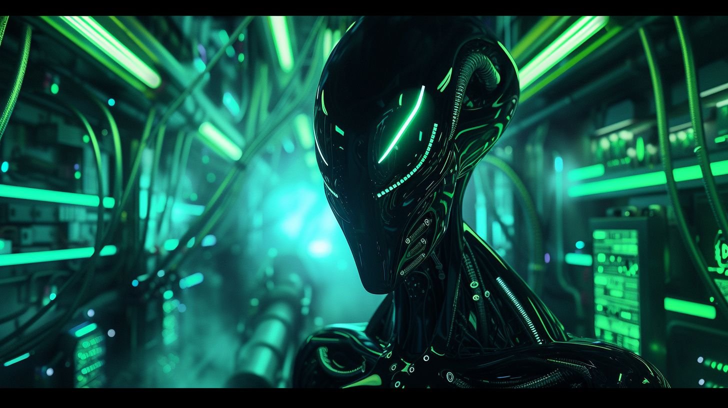 Prompt: Create an image of an alien with a highly detailed and futuristic design, featuring a sleek and shiny black exoskeleton that reflects the surrounding neon lights. The alien's head should be elongated and smooth, with piercing, luminous eyes that glow with a vibrant green color. It should stand in the middle of a complex and intricate background filled with intertwining neon tubes emitting a soft blue light, advanced technological devices, and glowing panels with alien symbols. The atmosphere should convey a sense of advanced alien technology, with a focus on the contrasting green and blue neon lights that illuminate the alien's form, creating a sense of depth and a futuristic ambiance.