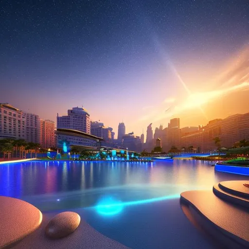Prompt: l(Masterfully crafted Glow, blue lens flare:1.1) long shot scenic 3D render of {Artificial Beach}, perfect viewpoint, highly detailed, soft smooth lighting, soft colors, soft colors, modular constructivism, made of plastic, golden filigree intricate details, falling water, Space Background ((stars, galaxies, nebulas.))