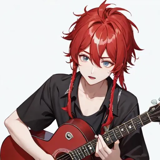 Prompt: Zerif 1male (Red side-swept hair covering his right eye) singing and playing the guitar at a concert, UHD, 8K, highly detailed, spotlight on him, close up