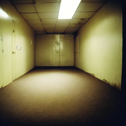 Prompt: Musty carpet, damp, yellow lighting, empty, vast, liminal space, never ending rooms, backrooms, laws of physics do not apply, unnatural, 