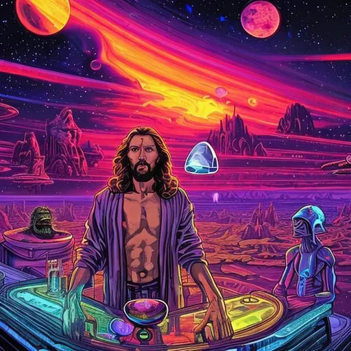 Prompt: widescreen, photo, painting, longshot, wide view, infinity vanishing point, overhead lighting, jesus next to an alien jesus smoking a crystal bong at the bar, in an exotic space cantina, vibrant galaxy landscape background, surprise me