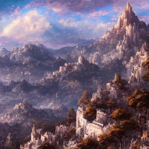 Prompt: distant view of a white citadel set in the side of a mountain, a sprawling town at the base of the mountain, architectural  correct, detailed, high attention to detail, geographically correct, award winning, red skies in distance
