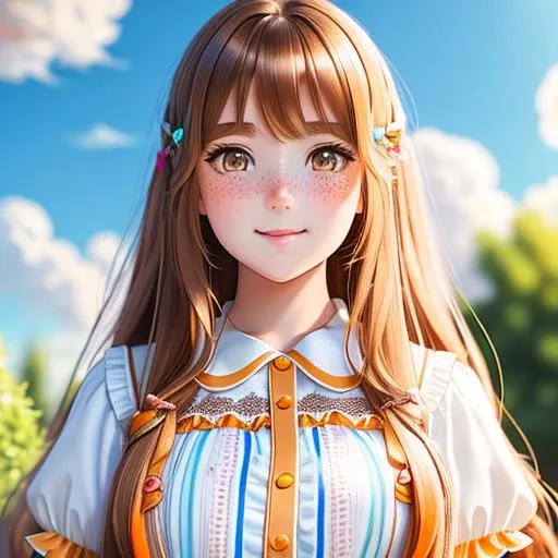 Prompt: full body picture of 1 girl with cute dress, with brown long hair, add freckles on her face, Ultrarealistic hair strings, golden eyes, beautiful eyes, detail, kawaii face, smirking at the camera, cute, correct anatomy, cumulonimbus clouds, lighting, detailed sky, garden, pastel mix, orange model mix, stable diffusion, pastel mix, Lora, add face details, eyelashes, oil painting, masterpiece, Dynamic range photo, UHD quality, true color, vivid display, Real Renaissance art, oil painting, HDR, 64K pixels, Super AMOLED display, High Contrast, Lord of the rings, Game of Thrones, golden light, angel, details on face, details on background, ultrarealistic fantasy background, 