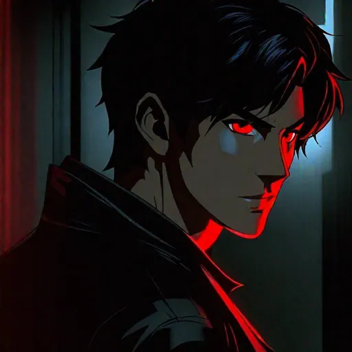 Prompt: Damien (male, short black hair, red eyes) stalking someone, lurking in the shadows with sadistic look on his face