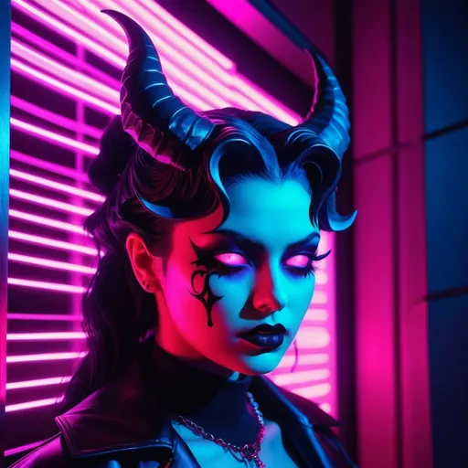 Prompt: demon, hell, demonic, gothic, vaporwave, retro, neon, aesthetic, liminal, high quality, high definition, beautiful, dramatic lighting