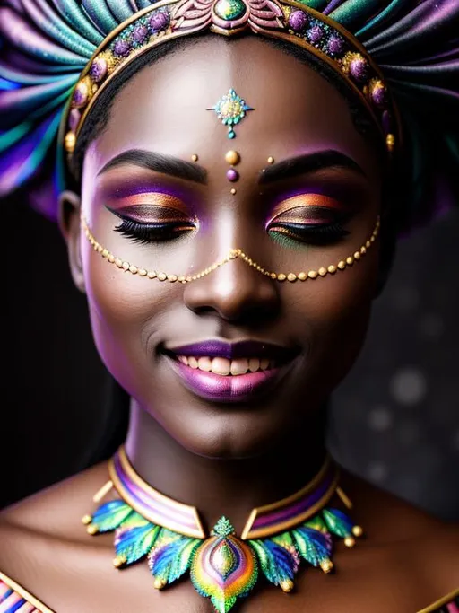 Prompt: Breathtakingly detailed digital art: a dark-skinned Rainbow Niobium Queen with symmetrical elegance and hypermaximalist style. Her closed eyes and perfect smile create a stunningly composed piece that showcases the exquisite anthracite marble patterns and detailed makeup. The incredibly soft silk influence, along with the potassium permanganate rain makeup, adds to the moody atmosphere, which is accentuated by the very soft lighting. This artwork, by Tom Blackwell, Royo, Thomas Kinkade, Artgerm, and Greg Rutkowski, is trending on Artstation due to its sharp focus, intricate details, and fine skin details. The digital rendering is isometric, featuring smog, pollution, toxic waste, chimneys, and railroads. The 3D render is brought to life with Octane Render and volumetrics, making this an incredibly realistic piece., centered, symmetry, painted, intricate, volumetric lighting, beautiful, rich deep colors masterpiece, sharp focus, ultra detailed, in the style of dan mumford and marc simonetti, astrophotography