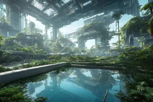 Prompt: Abandoned Futuristic City Overgrown With Lush Green Plants Light Blue Sky Reflection Pool High Resolution 8k