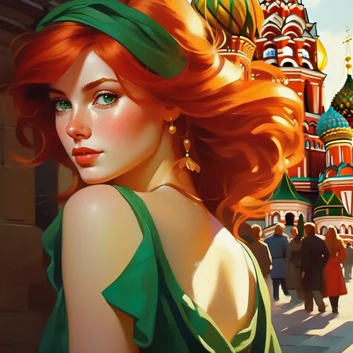 Prompt: Third person, gameplay, Russian girl, pale skin, red hair, freckles, green eyes, 1980s, Moscow, golden atmosphere, cartoony style, extremely detailed painting by Greg Rutkowski and by Henry Justice Ford and by Steve Henderson 