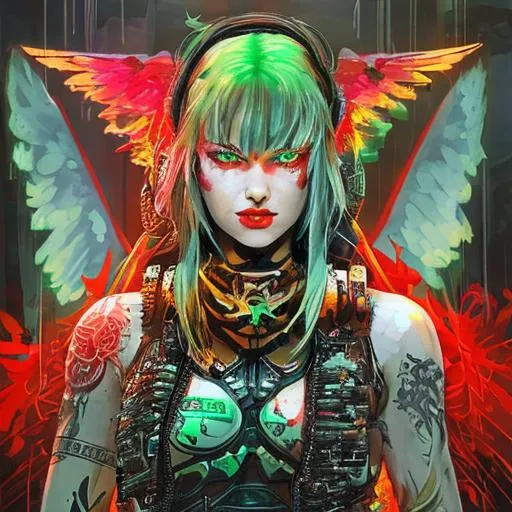 Prompt: Beautiful female angel of death, strong male warrior, embracing, radiation, Chernobyl, green, gothic, stalker, tattoos, cyberpunk, mech, red fire