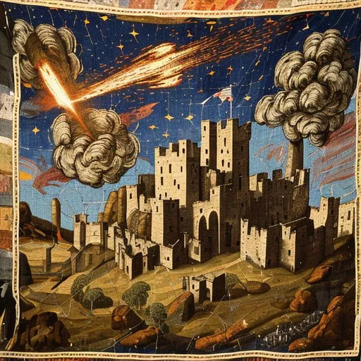 Prompt: meteor striking a medieval castle depicted as a medieval tapestry