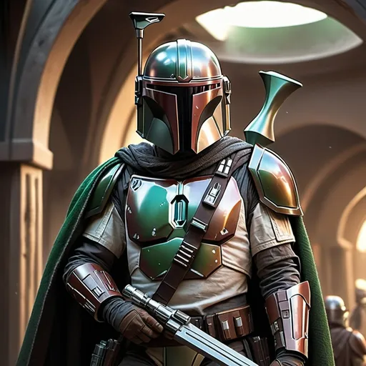 Prompt: Jedi Mandalorian in detailed armor and cloak, wielding green dual lightsabers, digital illustration, high quality, sci-fi, fantasy, intense lighting, futuristic setting, intricate details, professional art style, cool tones, highres, ultra-detailed, sci-fi, fantasy, intense lighting, futuristic, detailed armor, gold lightsabers, Jedi, Mandalorian, dual wield, cloak, professional