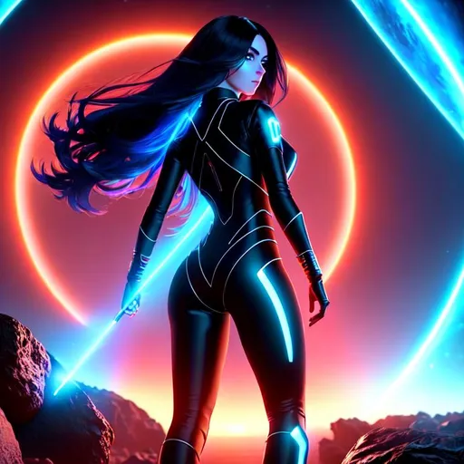 Prompt: high-quality Cinema 4D style, 
(Masterfully crafted Glow, red lens flare) behind, (Cinematic background),
hyperdetailed full-body portrait
Walking on an asteroid

Tall girl with ((hyperdetailed long black hair)), ocean blue futuristic combination, trimmed pubic hair, hyperdetailed  (bioluminescent hair:1.1), back, who turns his head behind, brave look

masterpiece, hyperdetailed full body, hyperdetailed feminine attractive face and nose, alluring smile, complete body view, ((hyperdetailed muscle)) ((hyperdetailed eyes)), perfect body, perfect anatomy, ultra-realistic, 3d lighting, 

beauty, sensual feminine romance, professional, sensual feminine, 

perfect composition, unreal engine 8k octane, 3d lighting, UHD, HDR, 8K, render, HD