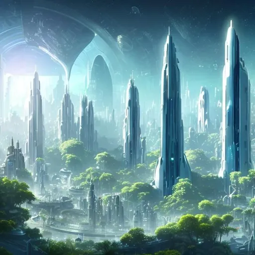 Prompt: Futuristic City White Tall Towers Lush Green Overgrown Plants Light Blue Sky High with many big white spaceships