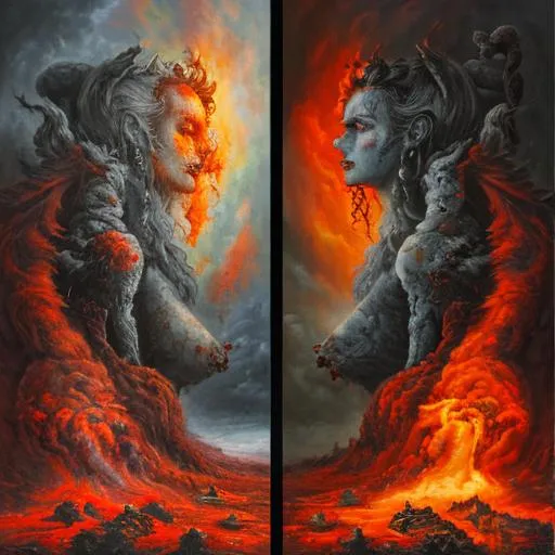 Prompt: Hell and heaven side by side, highly detailed, oil panting, 8k