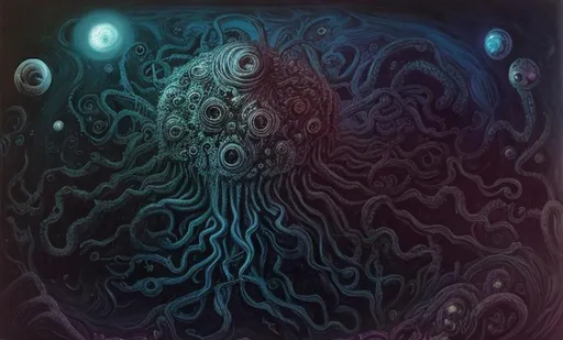Prompt: Azathoth, center of universe, chaos, darkness, cold, space, void, flutes, lovecraft, madness, demon, emptiness, cosmic terror