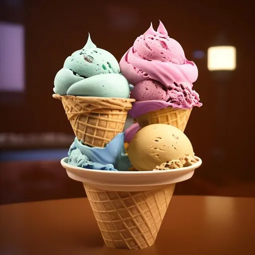 Prompt: Ice cream with scoops of 9  flavors with various colors, in a cone . Camera settings: Full-frame , 100mm lens, f/1.2 aperture, ISO 100, shutter speed 60 seconds. Cinematic lighting, Unreal Engine 5, Cinematic, Color Grading, Editorial Photography, Photography, Photoshoot, Shot on 70mm lense, Depth of Field, DOF, Tilt Blur, Shutter Speed 1/2500, F/13, White Balance, 45k, Super-Resolution, Megapixel, ProPhoto RGB, VR, tall, epic, artgerm, alex ross, Halfrear Lighting, Backlight, Natural Lighting, Incandescent, Optical Fiber, Moody Lighting, Cinematic Lighting, Studio Lighting, Soft Lighting, --ar 3:2 --Screen Space Reflections --Diffraction Grading --Chromatic Aberration --GB Displacement --Scan Lines --Ambient Occlusion --Anti-Aliasing FKAA --TXAA --RTX --SSAO --OpenGL-Shader’s --Post Processing --Post-Production --Cell Shading --Tone Mapping --CGI --VFX --SFX**** - <@​​​788491069641195592>** - Upscaling by <@788491069641195592>