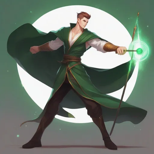 Prompt: a dynamic waist up drawing of an athletic, adult slender muscular male mage in movement, wearing a dark green wizars robe with a cape, loincloth, white shirt underneath, very short extremely deep dark brown slicked back pompadour undercut with dark ginger highlights and shaved sides, very bright and pale milky skin. He fights with a wooden magic staff with a crystal and shoots magical pulses in motion, in rage, soft feminine body features, rising, athlete, scarred face, Smooth skin, detailed face, well drawn face. Marvel comics art, (comic art), 2d art. (2d), DC comics art. Well drawn faces, detailed faces.