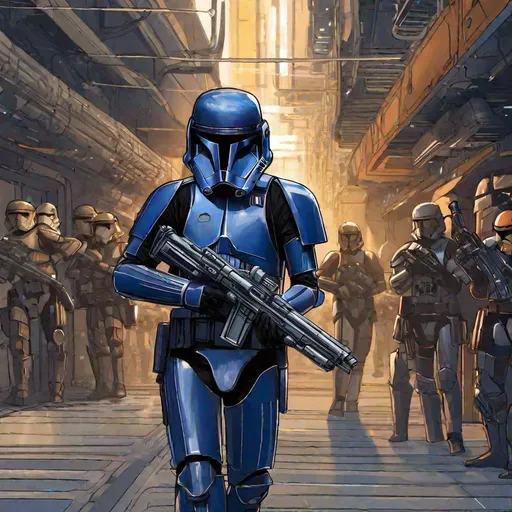Prompt: Star wars rebel alliance male spec-ops. Dark blue armor uniform. He wears a clone helmet with a very narrow t-shaped visor. In background a scifi alley. Rpg art. Star wars art. 2d art. 2d. Well draw face. Detailed. 