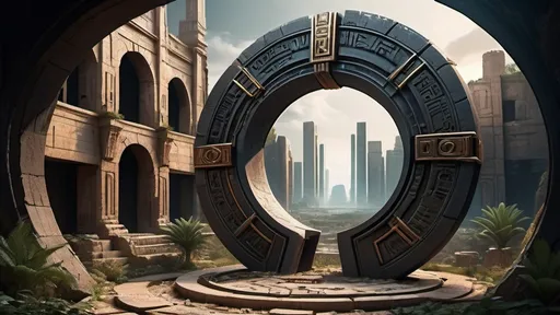 Prompt: magical portal between cities realms worlds kingdoms, circular portal, ring standing on edge, upright ring, freestanding ring, hieroglyphs on ring, complete ring, ancient babylonian architecture, gardens, ruins, turned sideways view, futuristic cyberpunk tech-noir setting