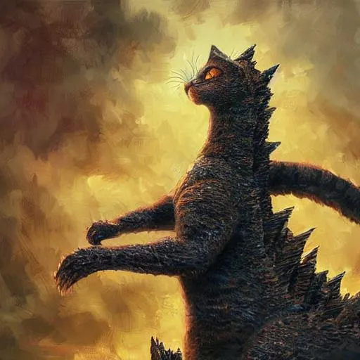 Prompt: Cat Godzilla hybrid destroying a city, cat face, Godzilla body, highly detailed oil painting, artgerm, wlop