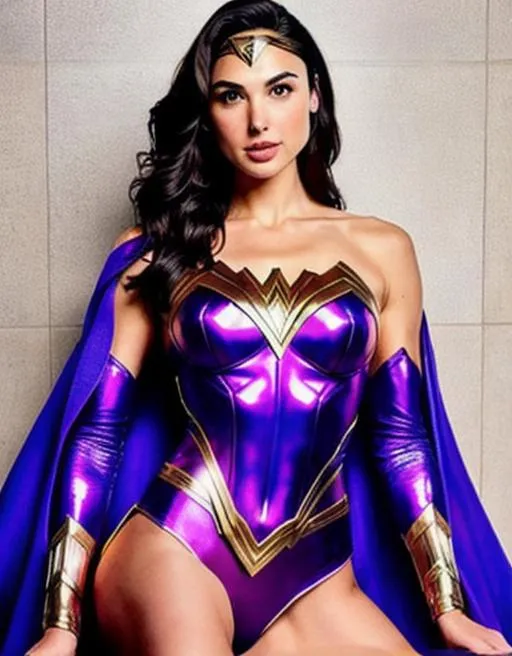 Prompt: Gal gadot wearing violet  wonder woman suit, muscular , hot, gorgeous, face details , violet color suit, high details, relaistic 