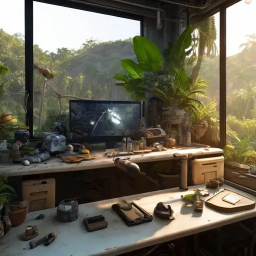 Prompt: futuristic, solarpunk, organized, clean workbench, tropical view window, mechanic, tech parts, monitors, golden hour, industrial, ultra detailed, cinematic lighting, photorealistic, realistic details, wide view