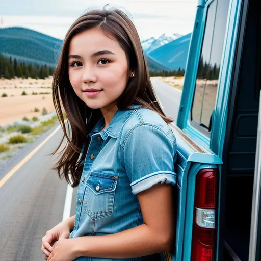 Prompt: Realistic Landscape of kazakh girl with brown hair and with cute face, Truck, perfect composition, hyperrealistic, super detailed, 8k, high quality, trending art, trending on artstation, sharp focus, studio photo, intricate details, highly detailed