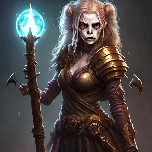 Prompt: Full body splash art of a sweet, youthful, female undead zombie sorceress, skull nose, blue eyes, very long brown blonde hair, wearing long light-colored iridescent robe, carrying a wooden staff, D&D, dnd, fantasy, highly detailed, sharp focus, digital painting, artstation, 4k, 8k