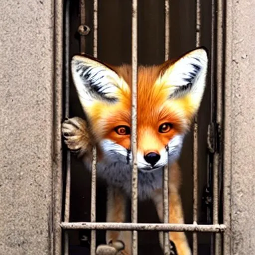 Prompt: sad baby fox behind iron bars 