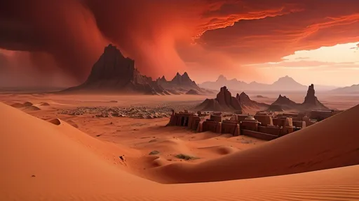 Prompt: ancient walled city in foreground, darkest night, ancient tatooine architecture, no trees, no bushes, no grass, no leafy vegetation, rocky desert alien planet setting, rocky mountainous region, in the style of frank herbert's dune, stormy night sky filled with red clouds, dust haze, red fog, sand storm, highly detailed, photo-realistic, hyper-real