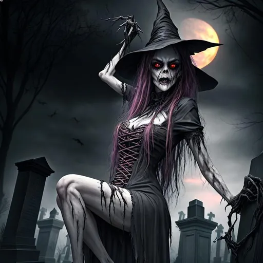 Prompt: Horror, twisted, scary, ominous, cinematic, 3D, HD, Beautiful!! {female}Witch,  detailed gorgeous face, expansive cemetery background, sunset, hyper realistic, 16K --s98500