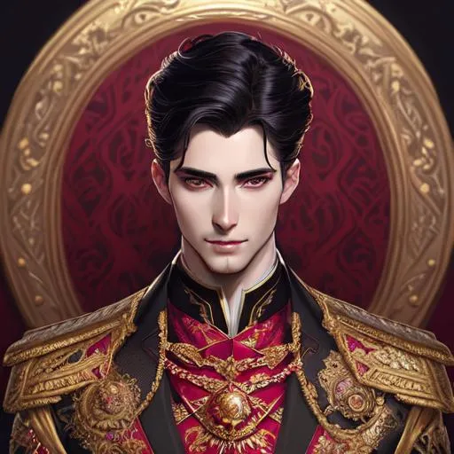 Prompt: matte portrait, gentle elegant ethereal handsome crown prince with intricately decorated kingdom suit, red iris, black two-block hair, royal vibe, highly detailed, digital painting, Trending on artstation, HD quality, by artgerm and greg rutkowski and alphonse mucha, dramatic light, octane