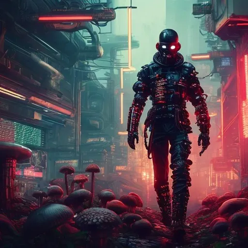 Prompt: A bald man with a ginger beard. 30yrs old. English. Futuristic Union Jack coloured and styled armour and mask. cyber enhancements. Lots of roses, Ferns and mushrooms in background. Dark and edgy with neon accents. Cyberpunk style. Raw. Gritty. Dirty. Brutal