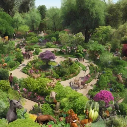 Prompt: a garden with animals, humans, fruit, beautiful