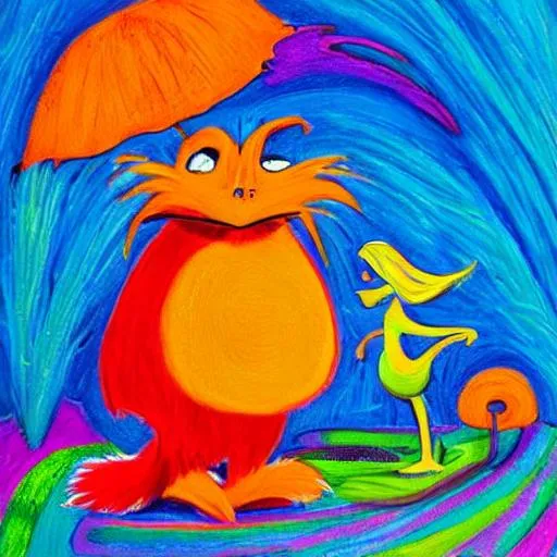 Prompt: The lorax inspired painting, colorful, big