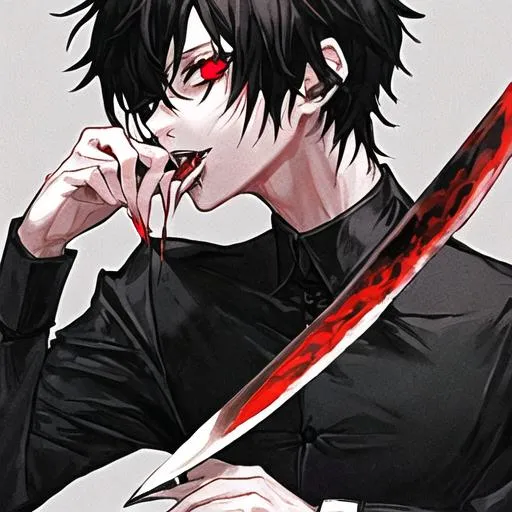 Damien (male, short black hair, red eyes) holding a... | OpenArt