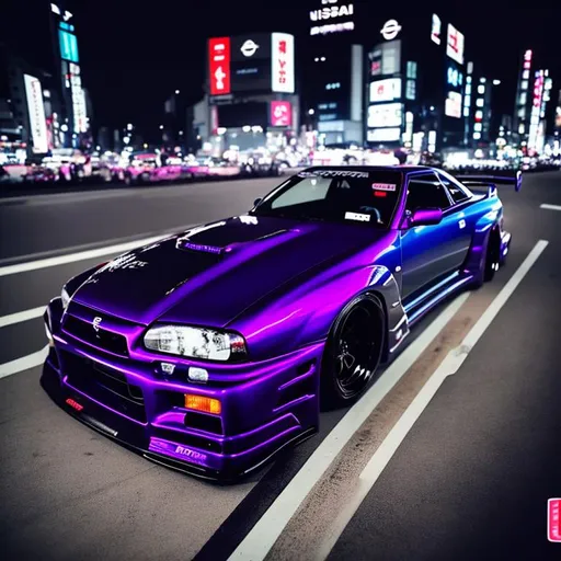 Prompt: Nissan gtr r34 midnight purple drifting in tokyo