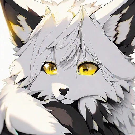 Prompt: highres, fursona, fox, cute, male, white and black fur, yellow eyes, black pupils