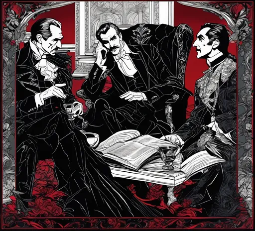 Prompt: (Vincent Price as Van Hellsing conversing with Bela Lugosi as Count Dracula), Black and White pen and ink sketch style, dark color scheme, elegantly gothic attire, intricate details, dim lighting, dramatic shadows, opulent background, luxurious textures, ornate furniture, deep reds and blacks, baroque patterns, solemn atmosphere, rich color tones, dark romanticism, ultra-detailed, 4K, photorealistic masterpiece, timeless elegance.