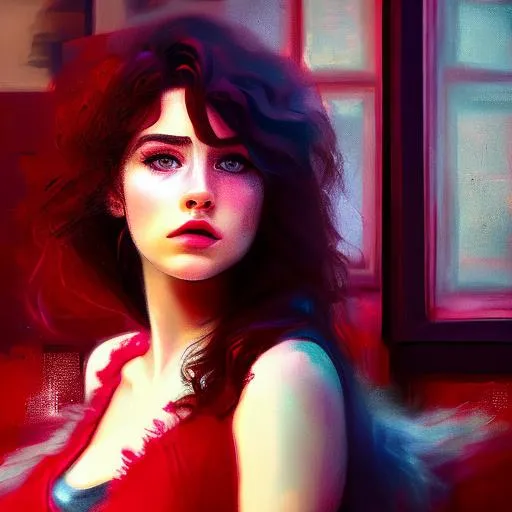 Prompt: high quality (full body view) hazy portrait of a (((shabby girl))) in a small ((dim-lit)) room, dimly space, ((dark red)) messy hair, mix of impressionism and gta style, impressionist drawing, gta colors, fuzzy lines, fuzzy contours, gta character, demi-monde vibes, masterpiece, UHD, HDR, hd, 4k, detailed face, detailed red lips, detailed eyes, detailed nose, volumetric lighting, master piece