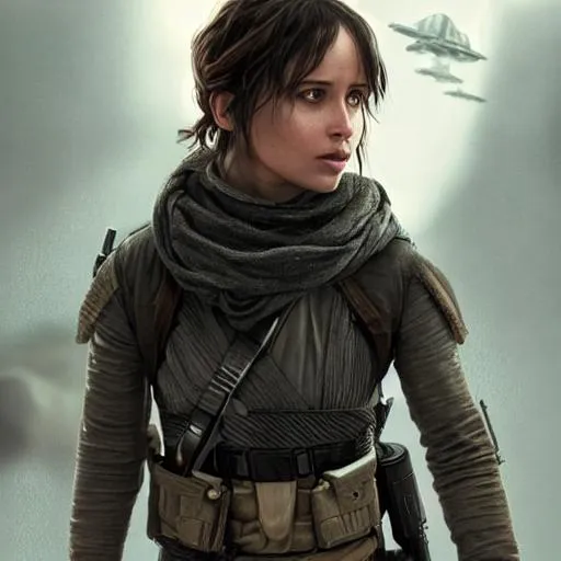 Prompt: Ultra-realistic photo of Jyn Erso, star wars, perfect composition, hyperrealistic, super detailed, 8k, high quality, trending art, trending on artstation, sharp focus, studio photo, intricate details, highly detailed, 