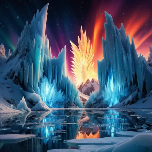 Prompt: Background: A frozen tundra with jagged ice cliffs reflecting an aurora borealis dancing across the sky.
Action: A mythical phoenix with blazing feathers of fire and ice bursts from a crystalized volcano, its flames melting the surrounding ice.
Render Style: Dynamic and luminous, with extreme contrast between fire and ice elements.
Theme: Rebirth and elemental harmony.