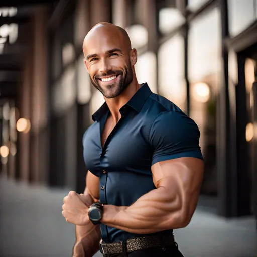 Prompt: Professional full-body photoshoot of a gorgeous, muscular, male balding model, wearing a short-sleeve button-up shirt and black jeans, flexing his biceps, hyperdetailed {symmetrical eyes}, {defined shredded musculature, broad shoulders}, {sultry romantic}, smile,  center frame, studio light, intricate detail, best quality, uhd, 8k, symmetry  