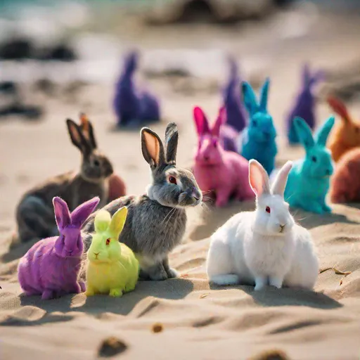 Prompt: Still photo of 20 rabbits in different vivid colours sitting on a beach in liguria, Bokeh, tilt shift, nikon