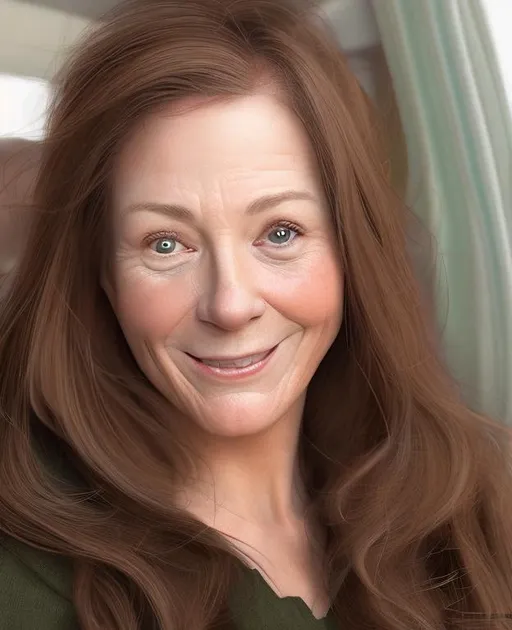 Prompt: Create a realistic photo that looks like the photo I have attached, her face should look identically the same. her age is 54. And her hair slightly warm-tonee auburn. Her face should be round. She should be a bit ugly.