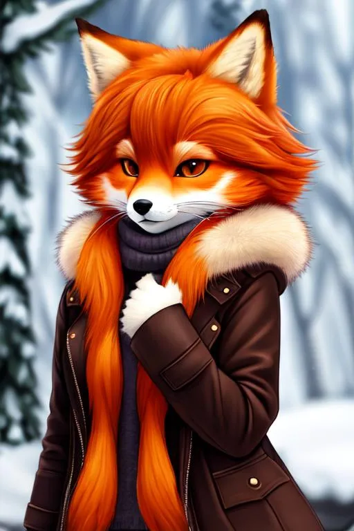 Prompt: anthropomorphic ginger fox, furry, animal face, female body, fur coat, winter clothes