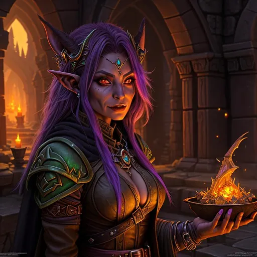 Prompt: Goblin sorcerer, female goblin, Dungeons and Dragons character art, oil painting, background consists of magical ruins at twilight, her expression is one of wonder, she is wearing expensive adventurer clothing, art inspired by "World of Warcraft", detailed symmetrical face, real, alive, real skin textures,